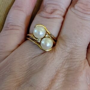 💍Y2K Pearl & Diamond 14K Gold "Toi-et-moi" (You & Me♥️) Bypass Ring 6.25